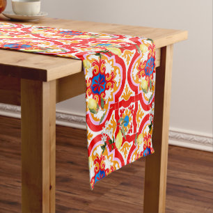 Mediterranean tiles,lemon,citrus, short table runner