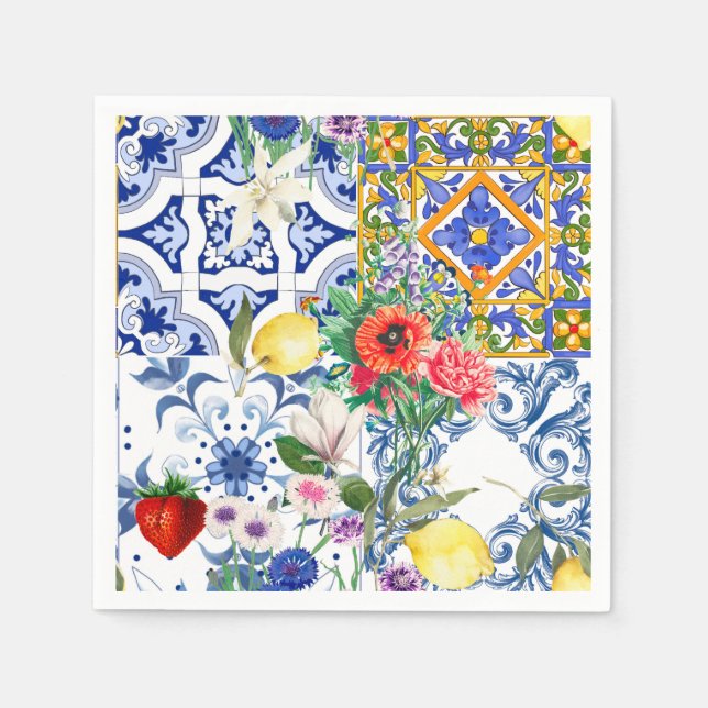 Mediterranean tiles,lemon,flowers,majolica,summer, napkin (Front)