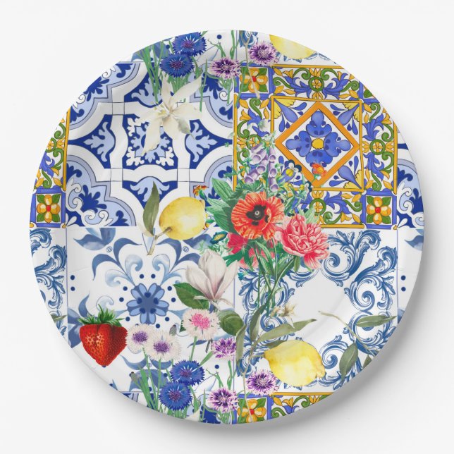 Mediterranean tiles,lemon,flowers,majolica,summer, paper plate (Front)