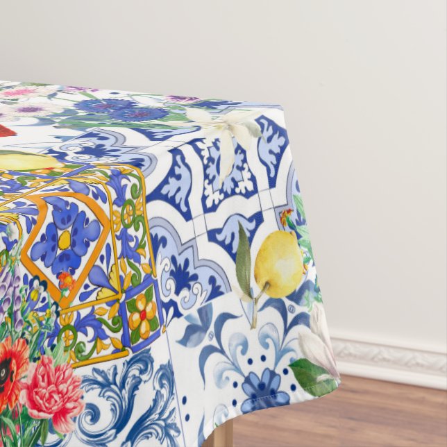 Mediterranean tiles,lemon,flowers,majolica,summer, tablecloth (In Situ)
