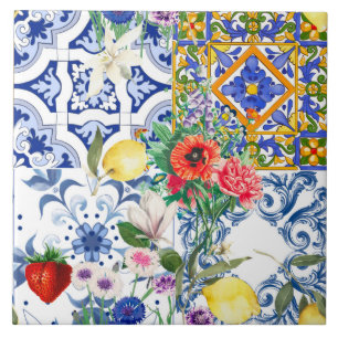 Mediterranean tiles,lemon,flowers,majolica,summer, tile