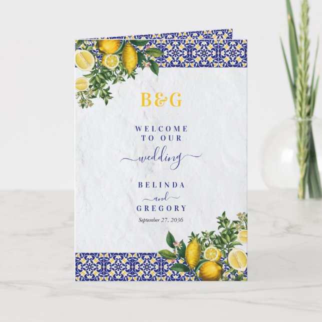Mediterranean Tiles Lemon Wedding Order of Service Programme (Front)
