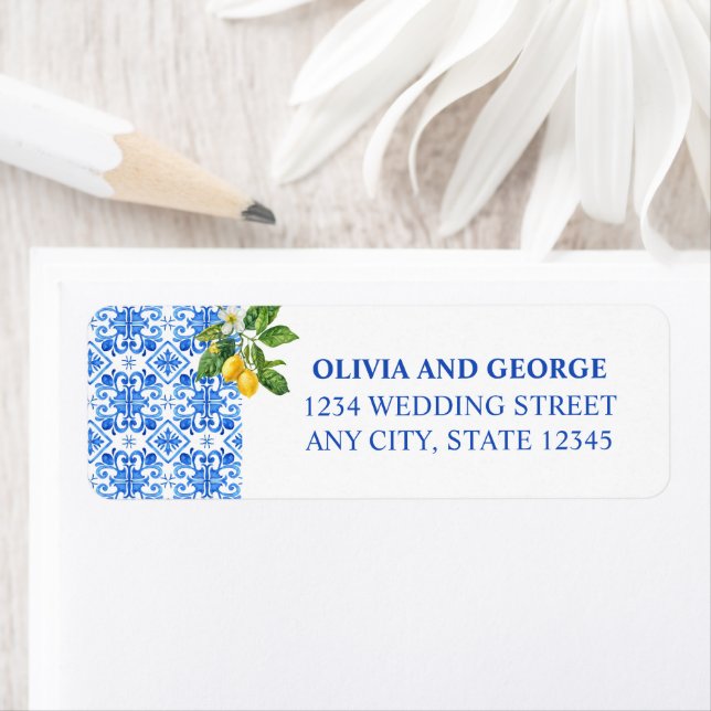 Mediterranean tiles & lemons wedding address label (Insitu)