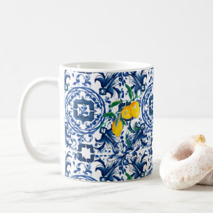 Mediterranean tiles,majolica,blue tiles,lemons   coffee mug