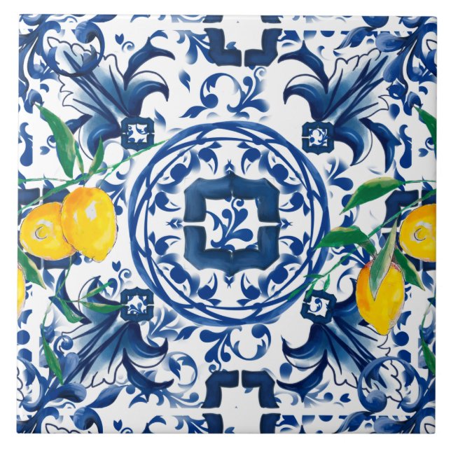 Mediterranean tiles,majolica,blue tiles,lemons   tile (Front)