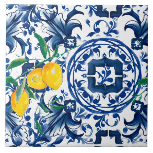 Mediterranean tiles,majolica,blue tiles,lemons tile