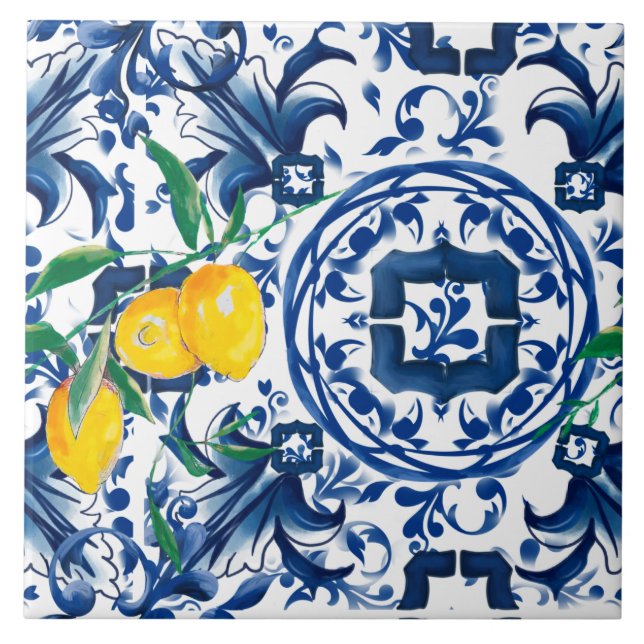 Mediterranean tiles,majolica,blue tiles,lemons    tile (Front)