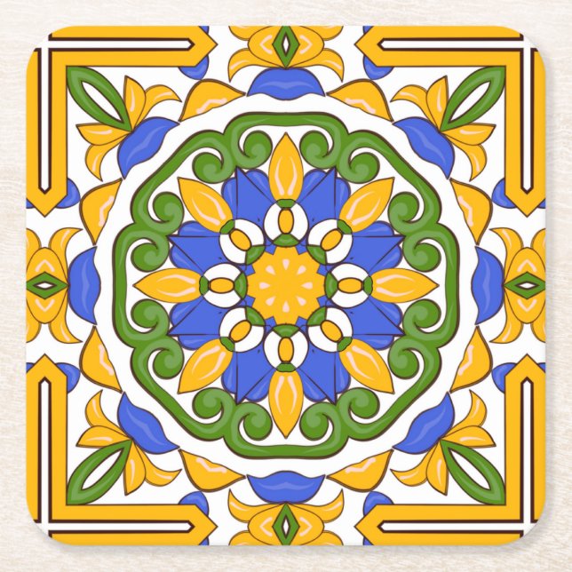 Mediterranean tiles,majolica,Sicilian,Ceramic Tile Square Paper Coaster (Front)