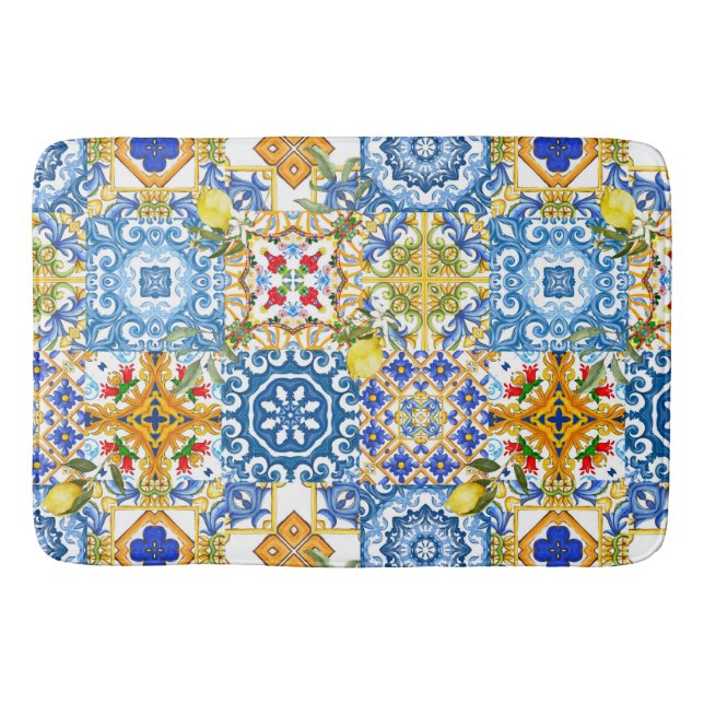 Mediterranean tiles, majolica,Sicilian style      Bath Mat (Front)