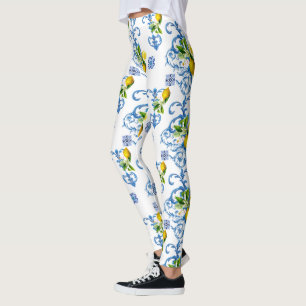 Mediterranean tiles, majolica,Sicilian style Leggings