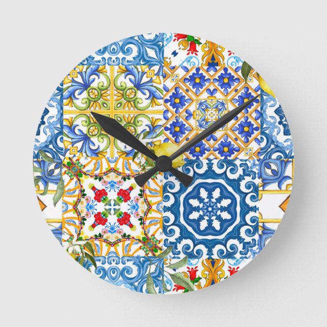 Mediterranean tiles, majolica,Sicilian style      Round Clock (Front)
