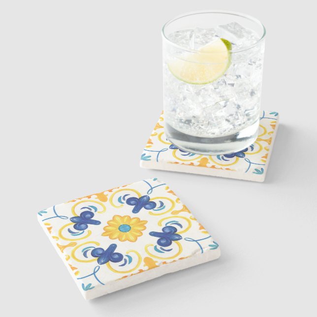 Mediterranean tiles, majolica,Sicilian style Stone Coaster (Side)