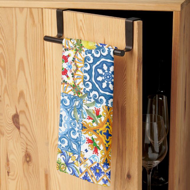 Mediterranean tiles, majolica,Sicilian style      Tea Towel (Thirds Fold)
