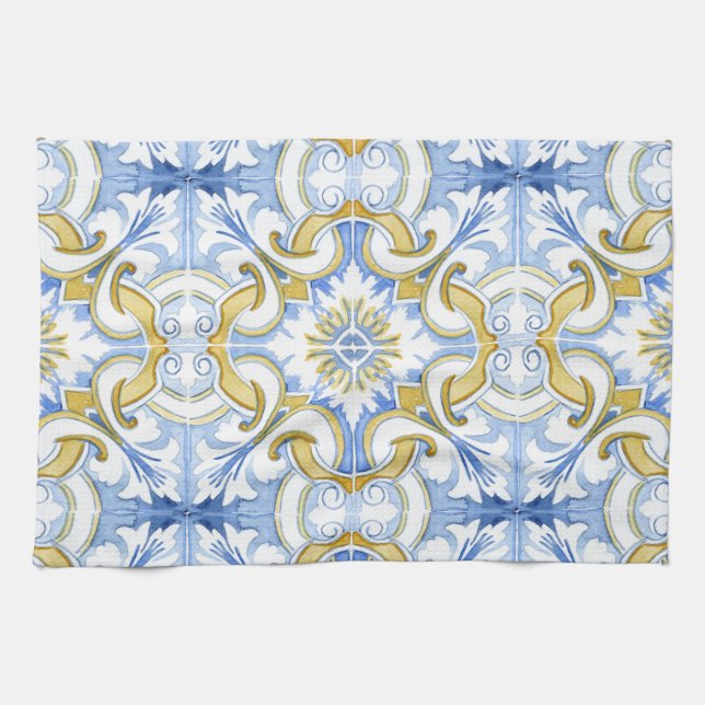 Mediterranean tiles, majolica,Sicilian style    Tea Towel (Horizontal)