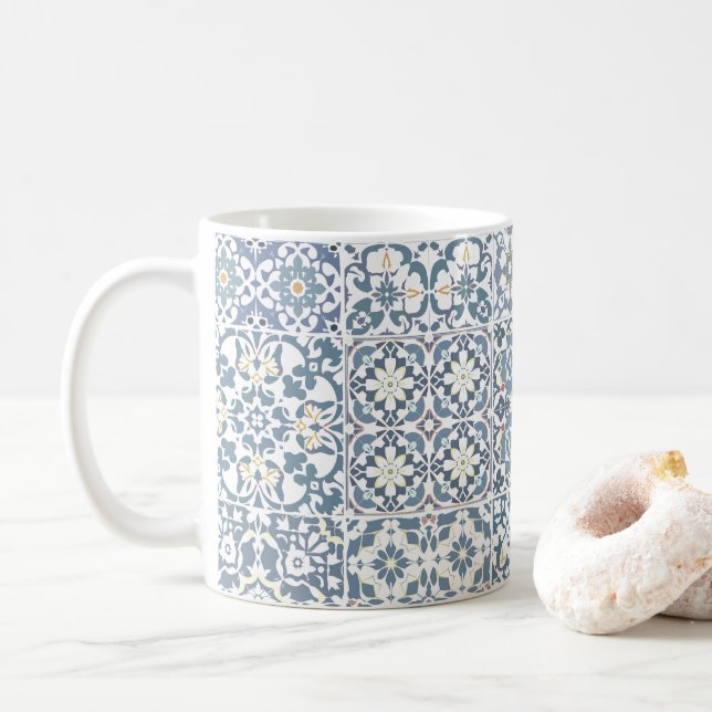 Mediterranean Tiles, Moroccan, Majolica, Azulejo Coffee Mug (With Donut)