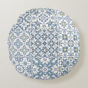 Mediterranean Tiles, Moroccan, Majolica, Azulejo Round Cushion