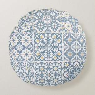 Mediterranean Tiles, Moroccan, Majolica, Azulejo Round Cushion