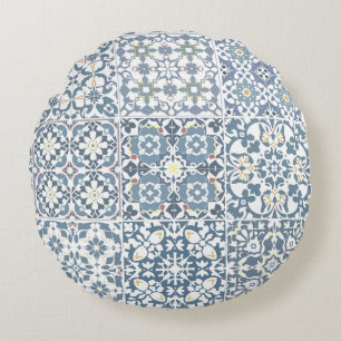 Mediterranean Tiles, Moroccan, Majolica, Azulejo Round Cushion