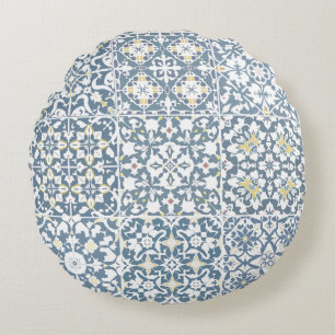Mediterranean Tiles, Moroccan, Majolica, Azulejo Round Cushion