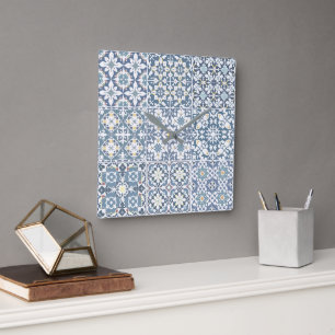 Mediterranean Tiles, Moroccan, Majolica, Azulejo Square Wall Clock