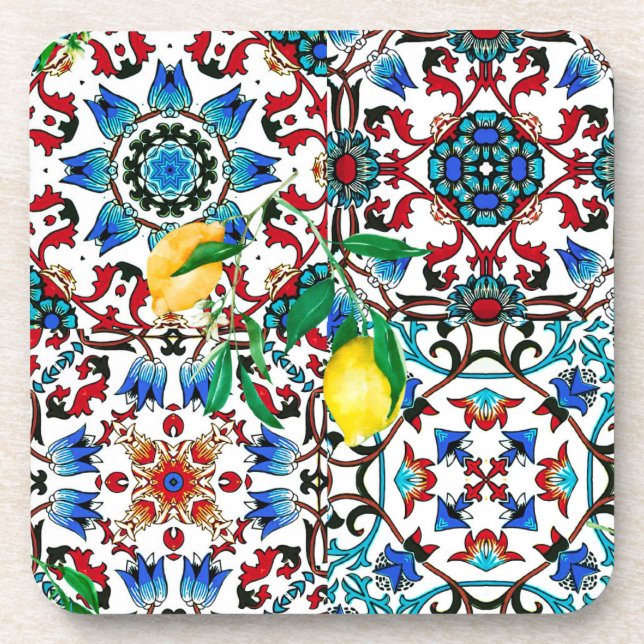Mediterranean tiles,mosaic,lemon,summer art coaster (Front)