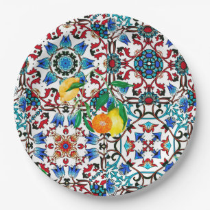 Mediterranean tiles,mosaic,lemon,summer art paper plate