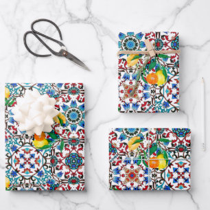 Mediterranean tiles,mosaic,lemon,summer art wrapping paper sheet