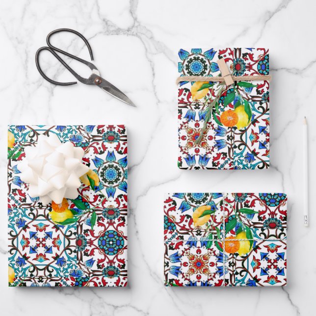 Mediterranean tiles,mosaic,lemon,summer art wrapping paper sheet (Front)