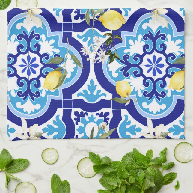 Mediterranean tiles,mosaic,lemon, tea towel (Folded)