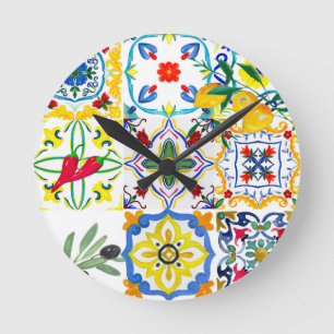 Mediterranean tiles, olives, chilli peppers, lemon round clock