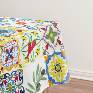 Mediterranean tiles,olives,chilli peppers,lemons   tablecloth