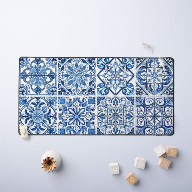 Mediterranean Tiles, Portugese, Azulejo, Majolica Desk Mat (Kids Table)