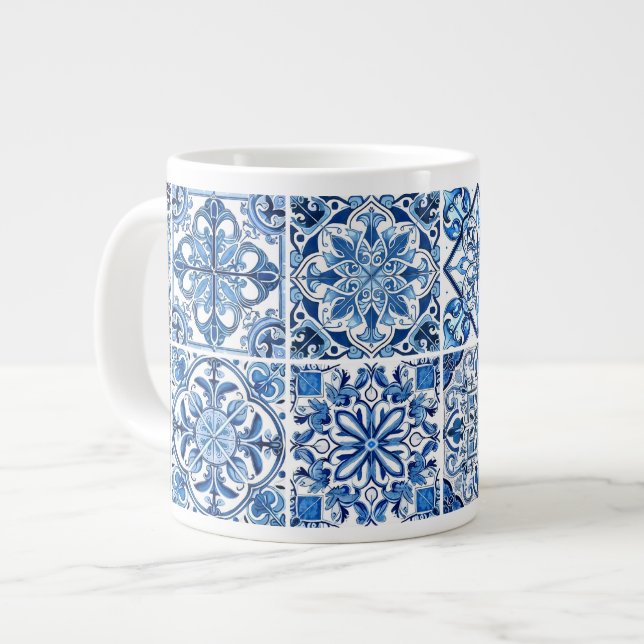 Mediterranean Tiles, Portugese, Azulejo, Majolica Large Coffee Mug (Front Left)