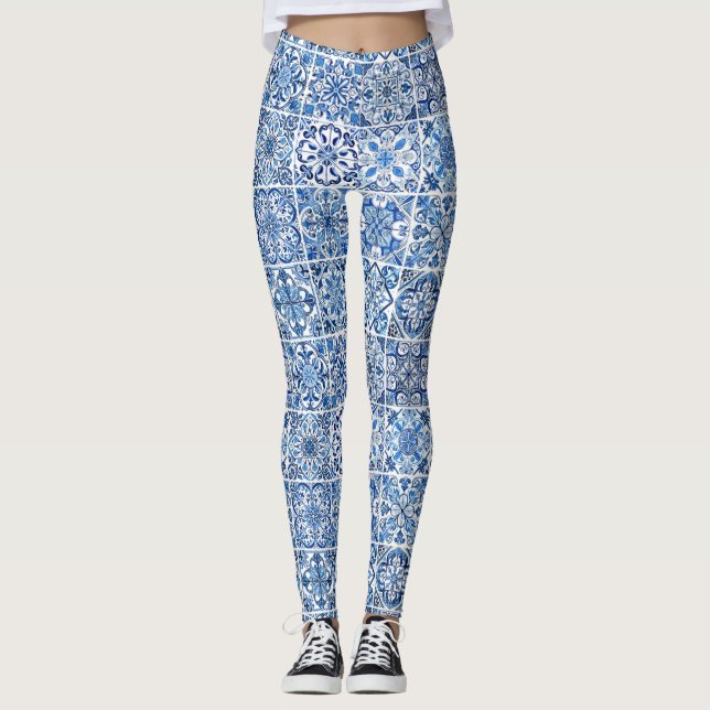 Mediterranean Tiles, Portugese, Azulejo, Majolica Leggings (Front)