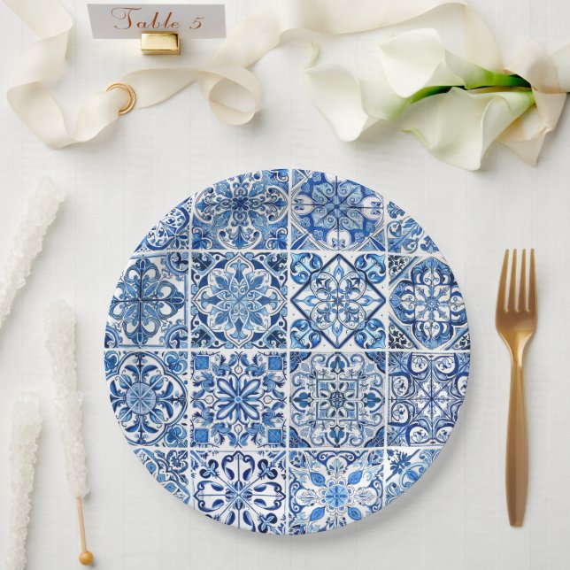 Mediterranean Tiles, Portugese, Azulejo, Majolica Paper Plate (Wedding)