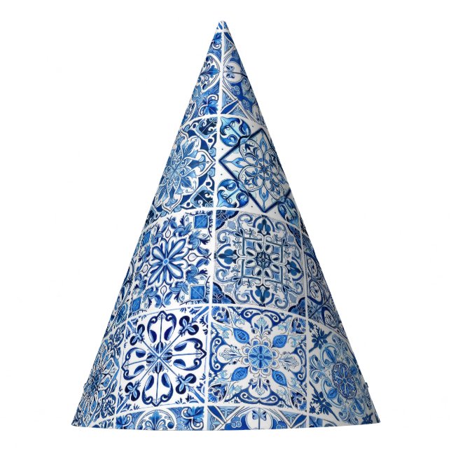 Mediterranean Tiles, Portugese, Azulejo, Majolica Party Hat (Front)
