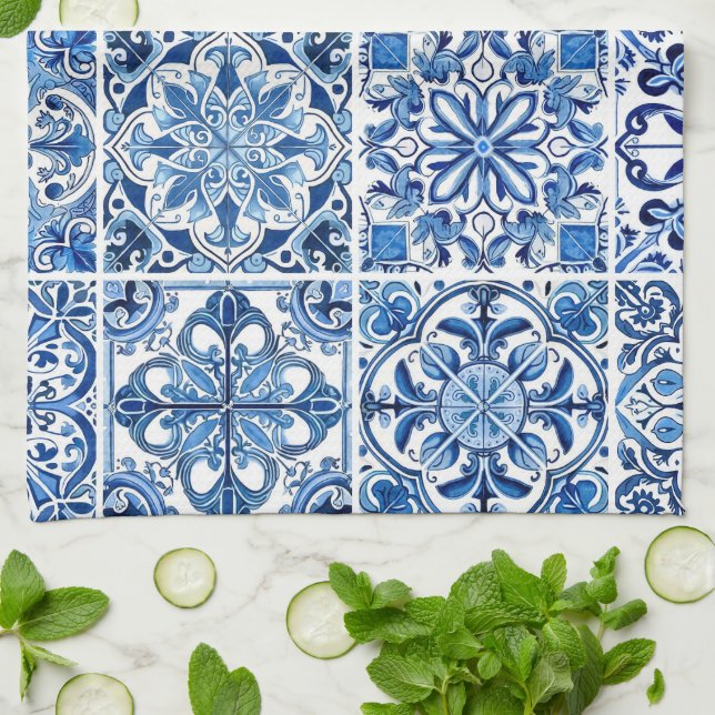 Mediterranean Tiles, Portugese, Azulejo, Majolica Tea Towel (Folded)