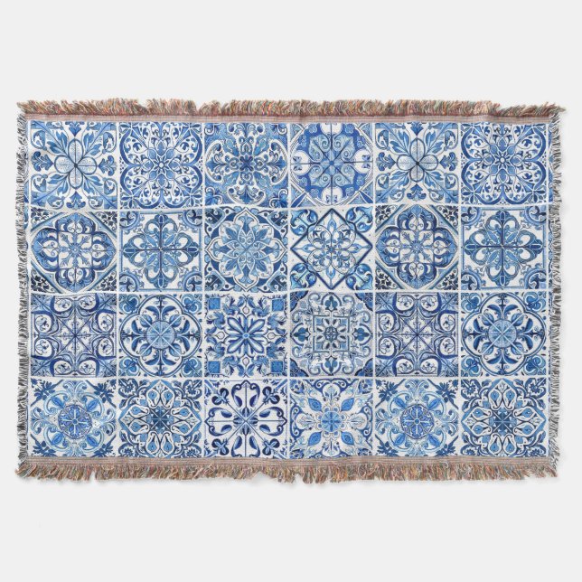 Mediterranean Tiles, Portugese, Azulejo, Majolica Throw Blanket (Front)