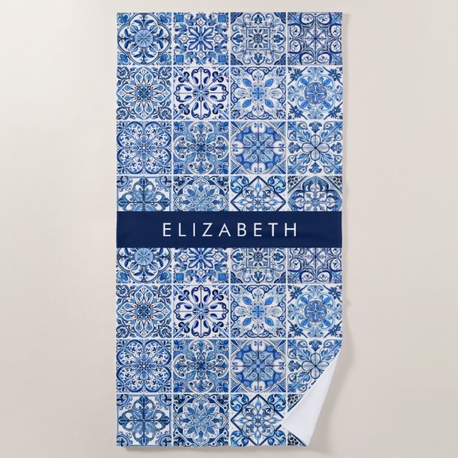 Mediterranean Tiles, Portugese, Azulejo, Your Name Beach Towel (Front)