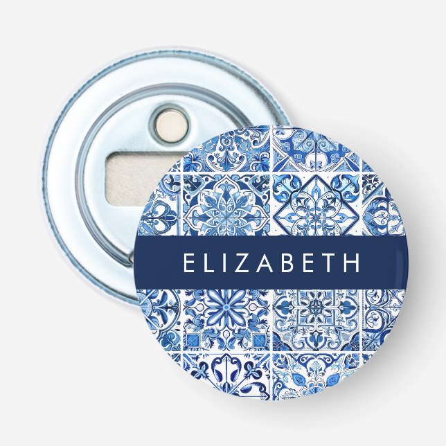 Mediterranean Tiles, Portugese, Azulejo, Your Name Bottle Opener (Front)