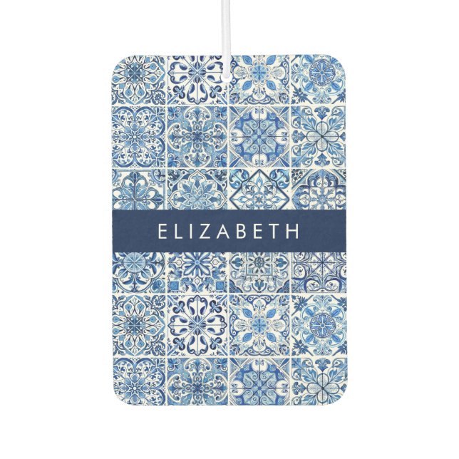 Mediterranean Tiles, Portugese, Azulejo, Your Name Car Air Freshener (Front)