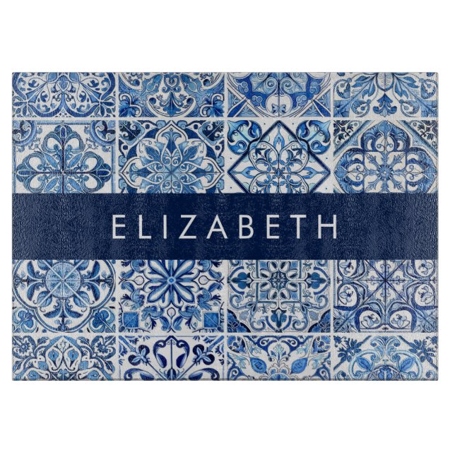 Mediterranean Tiles, Portugese, Azulejo, Your Name Cutting Board (Front)