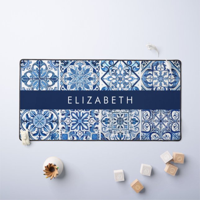 Mediterranean Tiles, Portugese, Azulejo, Your Name Desk Mat (Kids Table)
