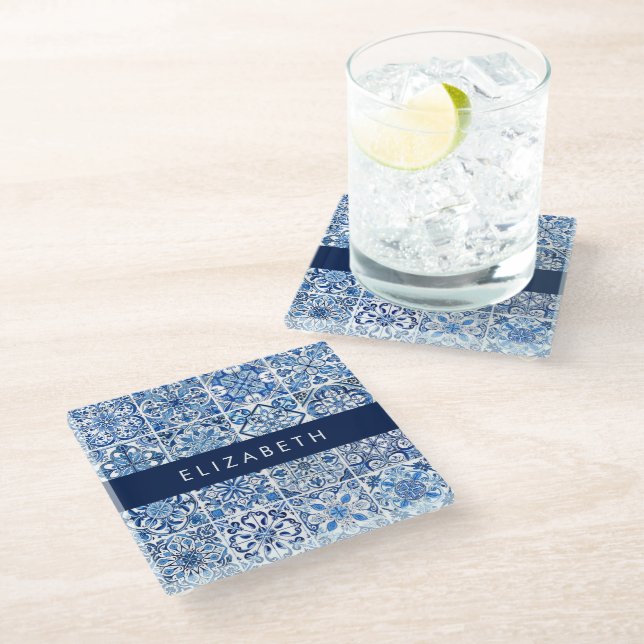 Mediterranean Tiles, Portugese, Azulejo, Your Name Glass Coaster (Angled)
