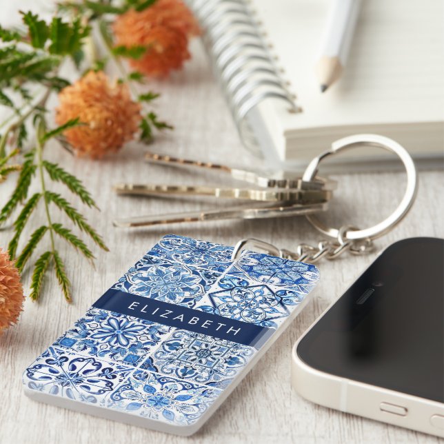 Mediterranean Tiles, Portugese, Azulejo, Your Name Key Ring (Front Right)