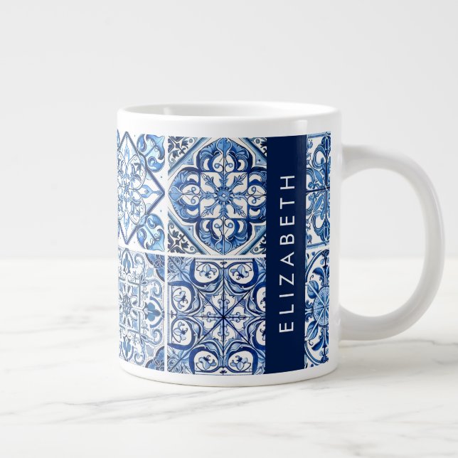 Mediterranean Tiles, Portugese, Azulejo, Your Name Large Coffee Mug (Right)