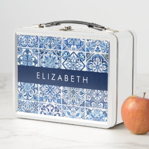 Mediterranean Tiles, Portugese, Azulejo, Your Name Metal Lunch Box