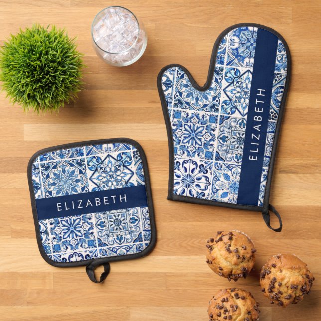 Mediterranean Tiles, Portugese, Azulejo, Your Name Oven Mitt & Pot Holder Set (Top Down)