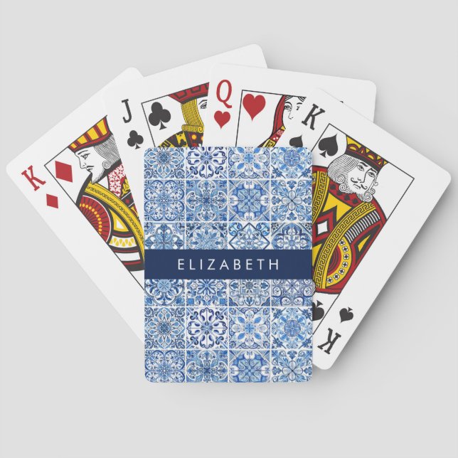 Mediterranean Tiles, Portugese, Azulejo, Your Name Playing Cards (Back)