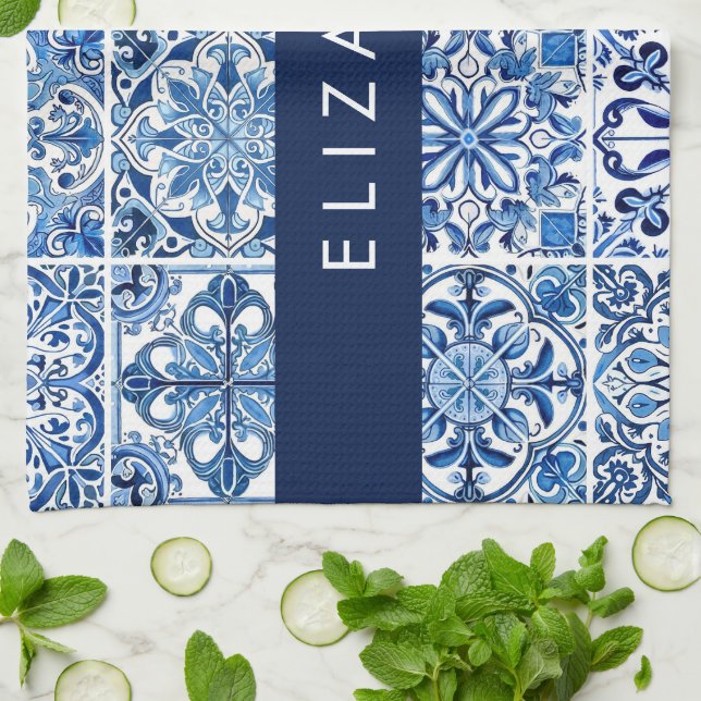 Mediterranean Tiles, Portugese, Azulejo, Your Name Tea Towel (Folded)